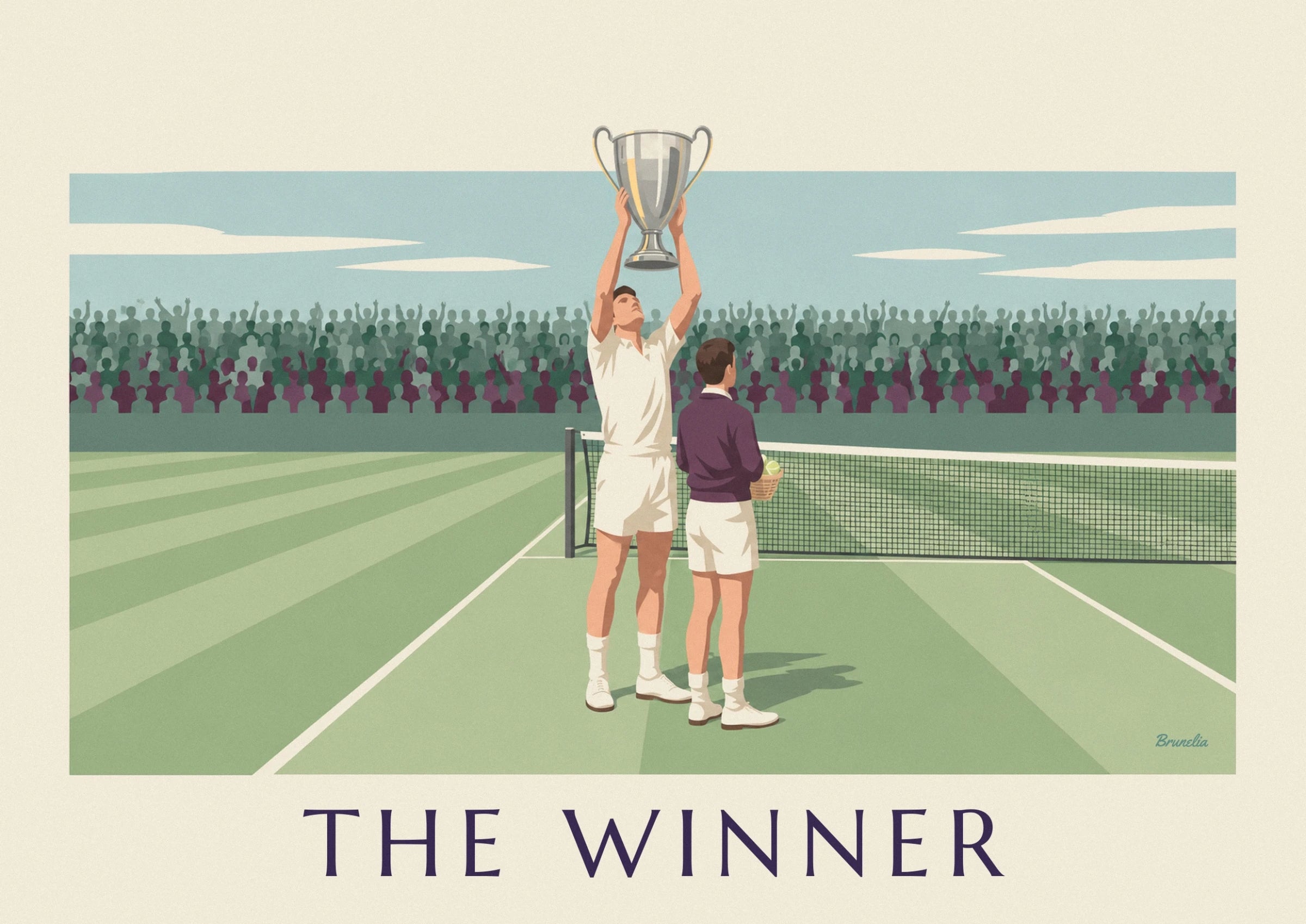 The champion in white raising his silver trophy beside the ball boy