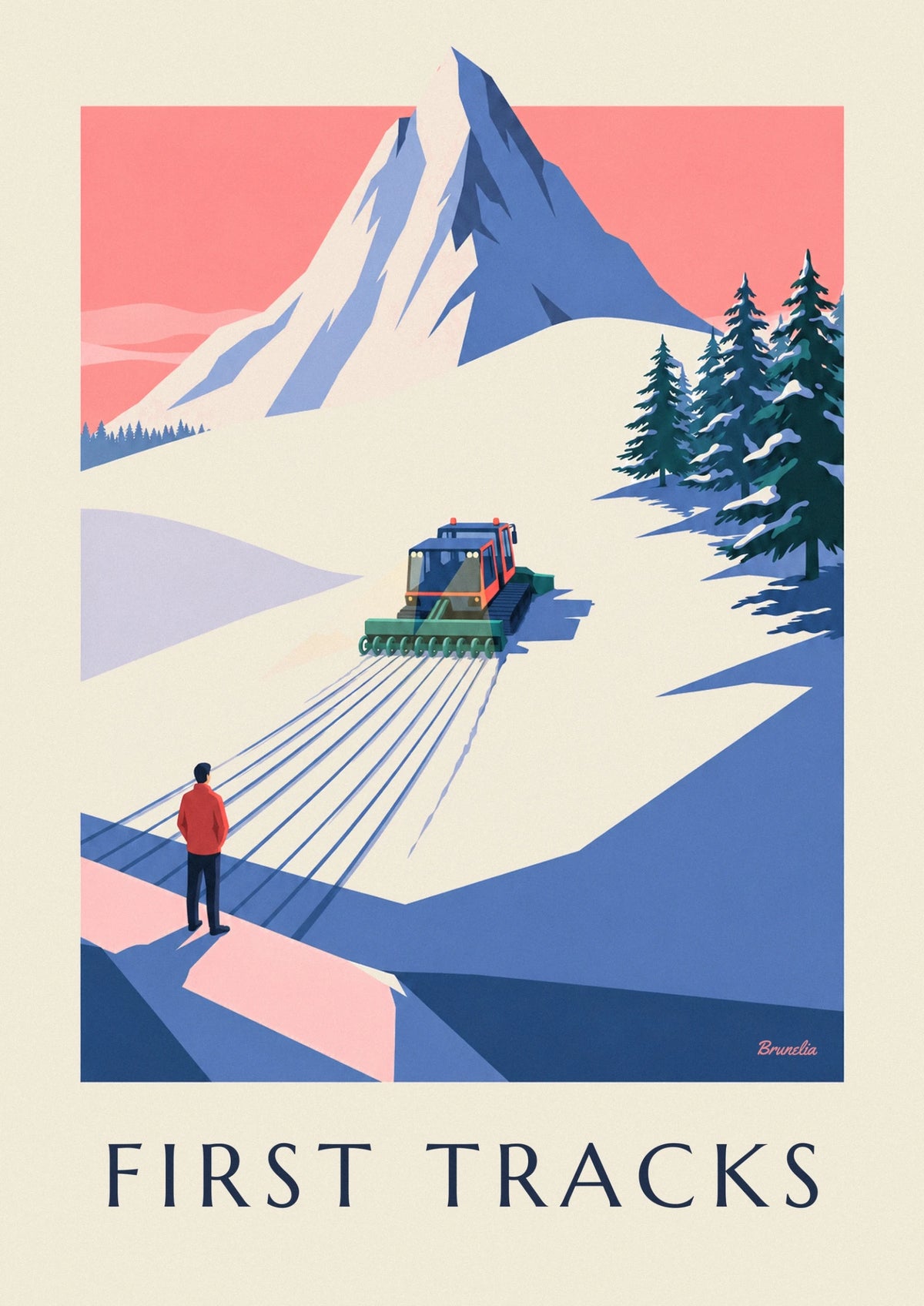 Snow groomer on a ski slope at early morning poster