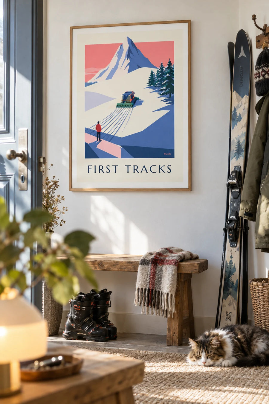 Poster of a snow groomer on a ski slope at dawn: framed on the wall