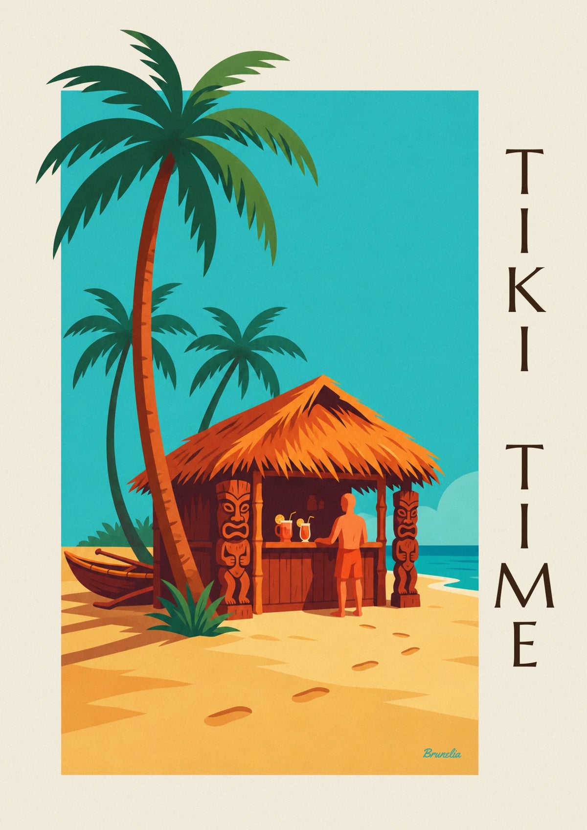 Tropical beach tiki bar with palm trees poster