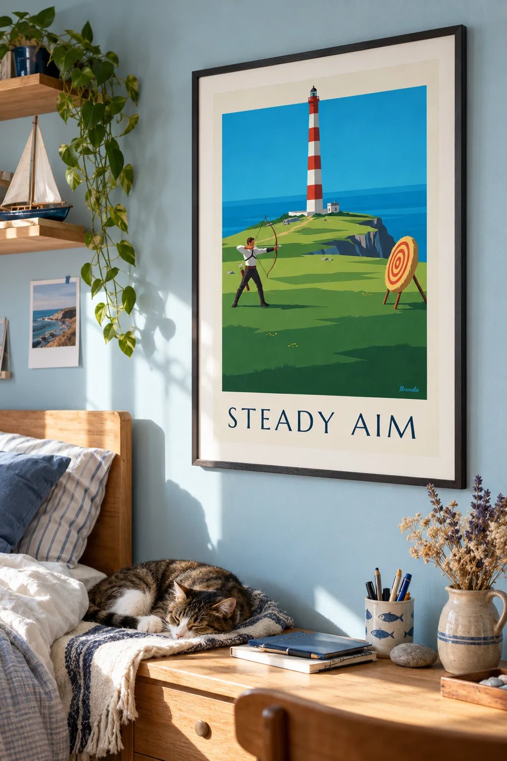 Mise en situation de Affiche archer sur une falaise face à la mer et au phare