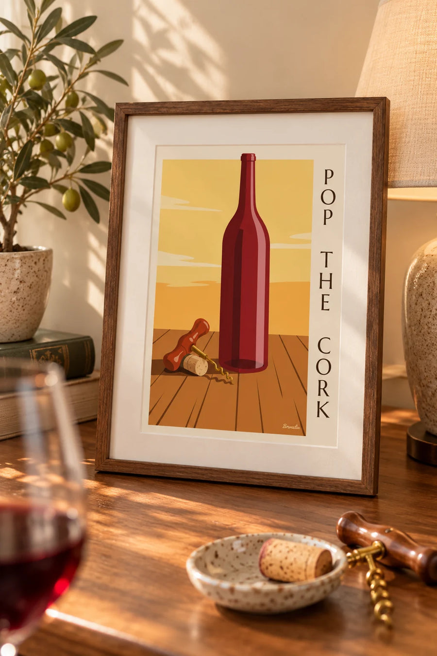 Affiche tire-bouchon ancien et bouteille de vin : petit format A4 encadré