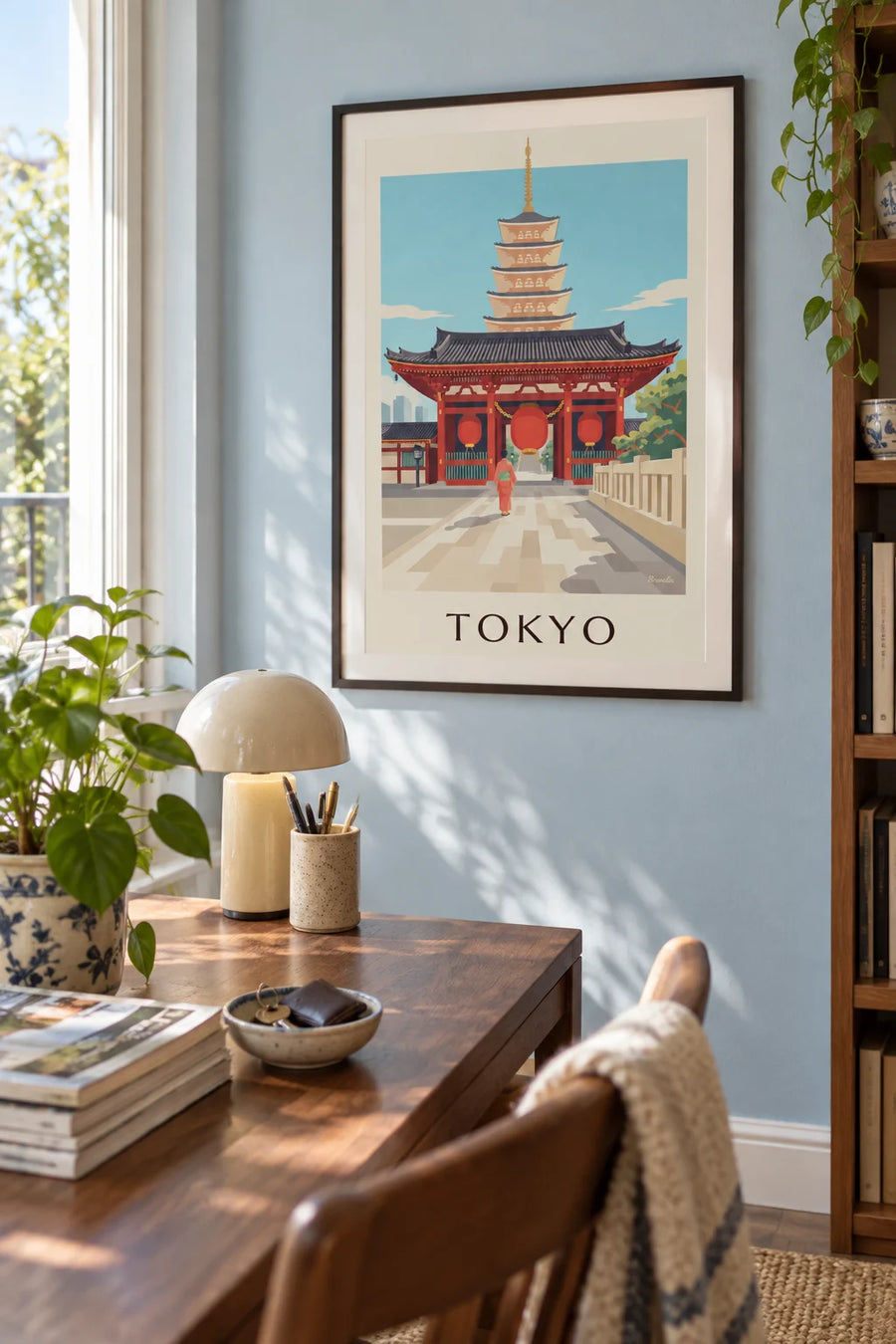 Affiche temple Senso-ji et sa grande lanterne rouge à Tokyo : encadrée au mur