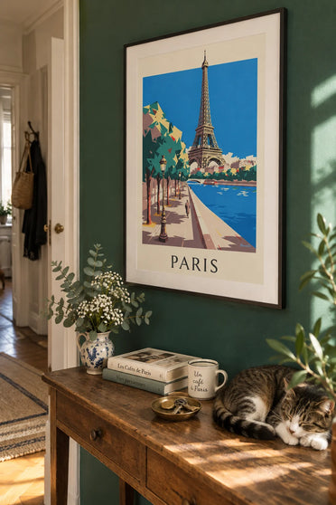 Eiffel Tower and Parisian street lamp poster: framed on the wall