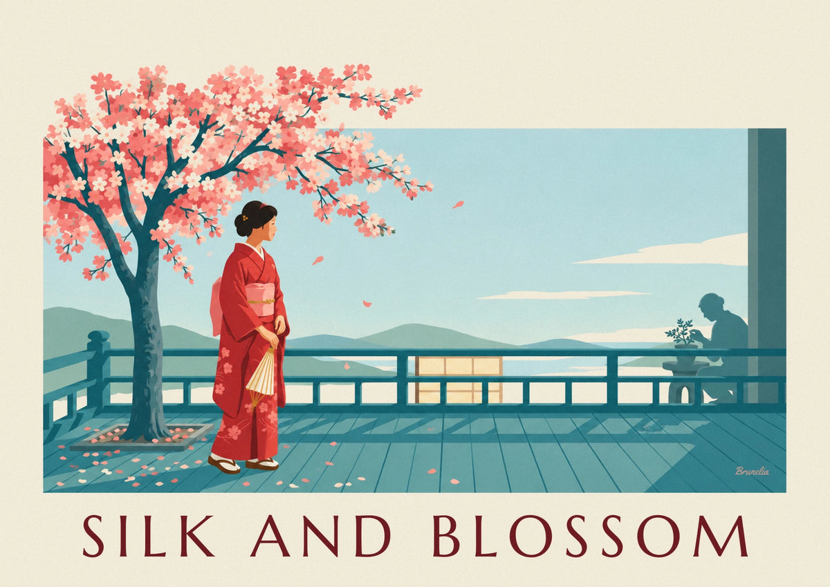 Japanese woman in red kimono under cherry blossoms poster