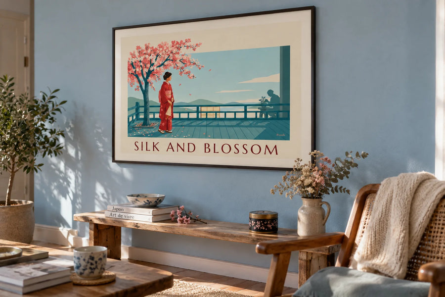 Affiche femme japonaise en kimono rouge sous un cerisier en fleurs : encadrée au mur