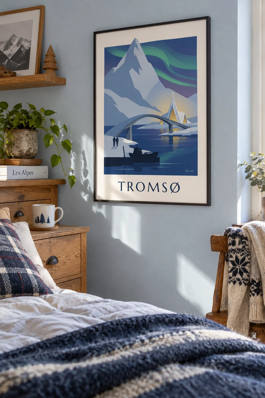 Plakát s Tromsø, branou do Arktidy, a polární září: zarámovaný na zdi