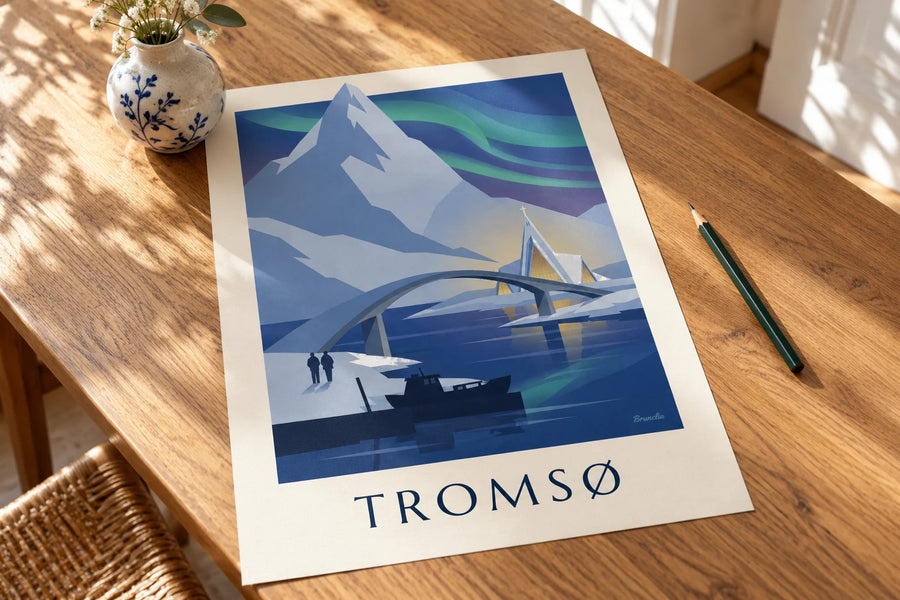 Plakát Tromsø, brána do Arktidy, a polární záře: položený na stole