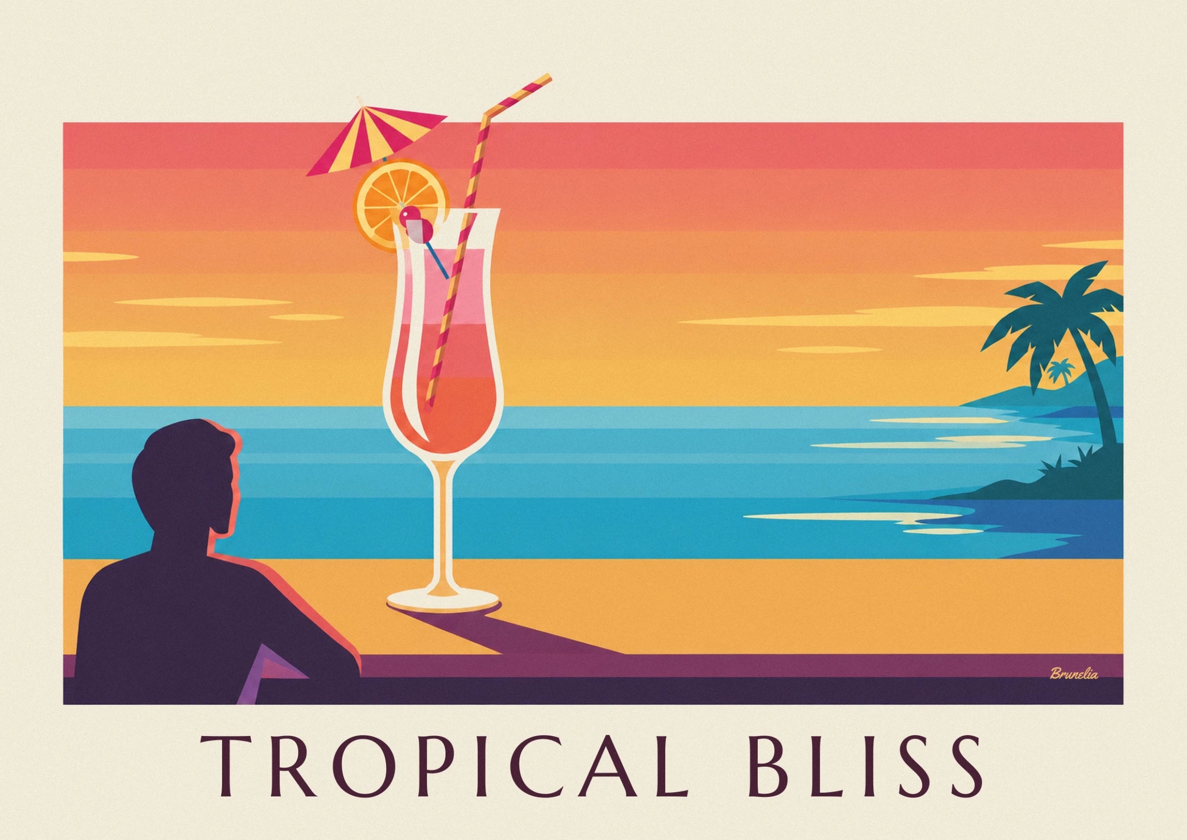 Un cocktail rose orangé, sa rondelle d’orange et sa paille rayée face à la mer