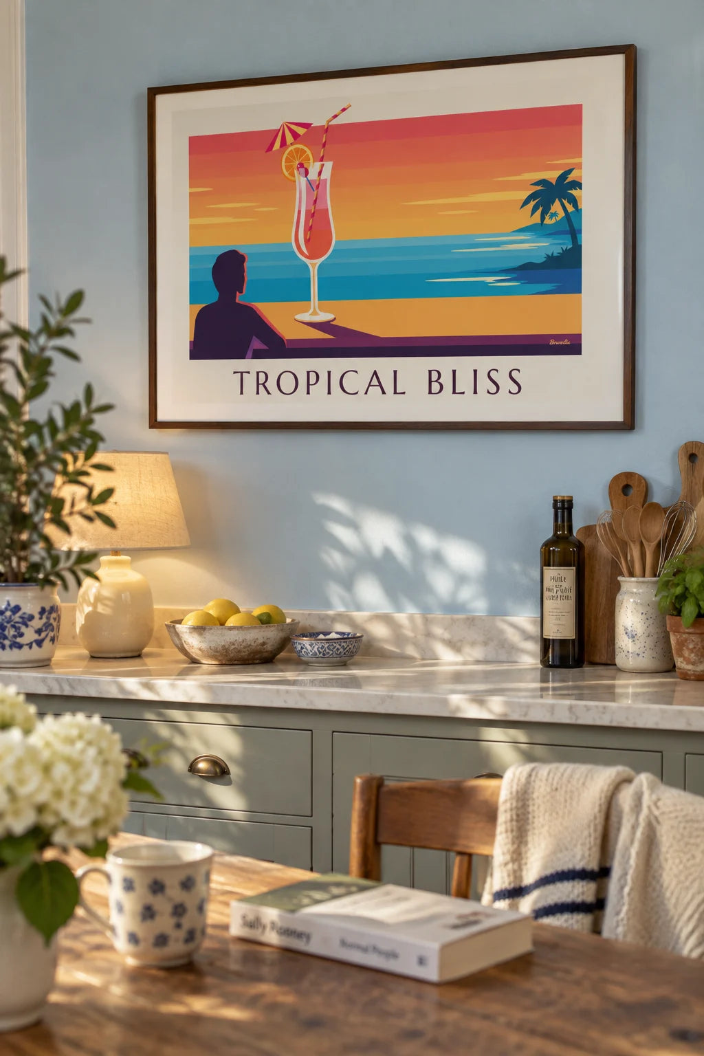Exotic cocktail on a sunset beach bar poster on the wall