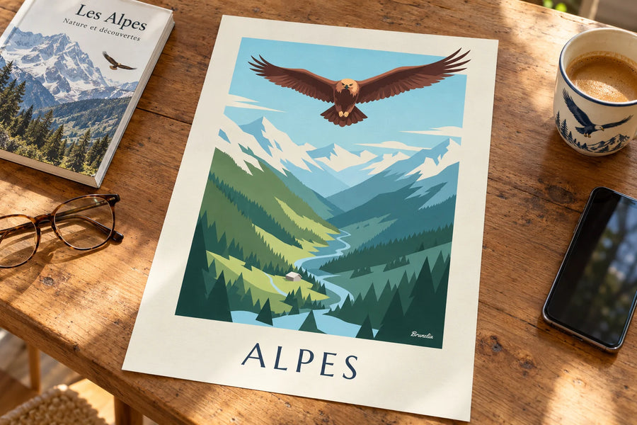 Affiche aigle royal au-dessus d'une vallée des Alpes : posée sur une table