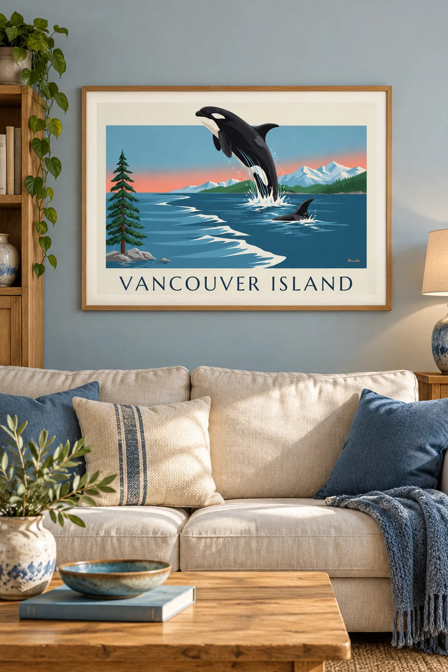 Plakát kosatka a hory na ostrově Vancouver v Kanadě: zarámovaný na zdi