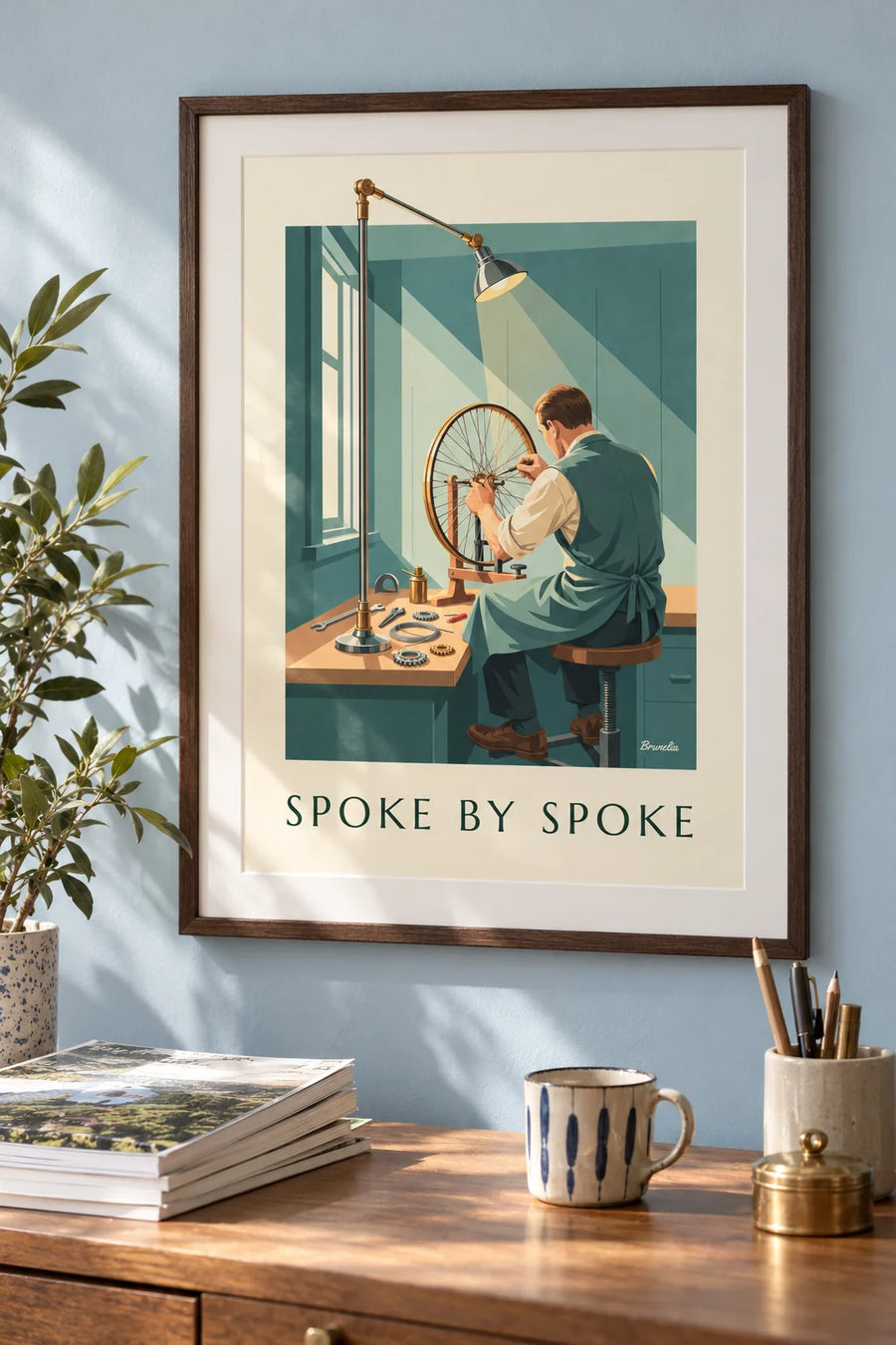 Affiche artisan montant une roue de vélo dans son atelier : encadrée au mur