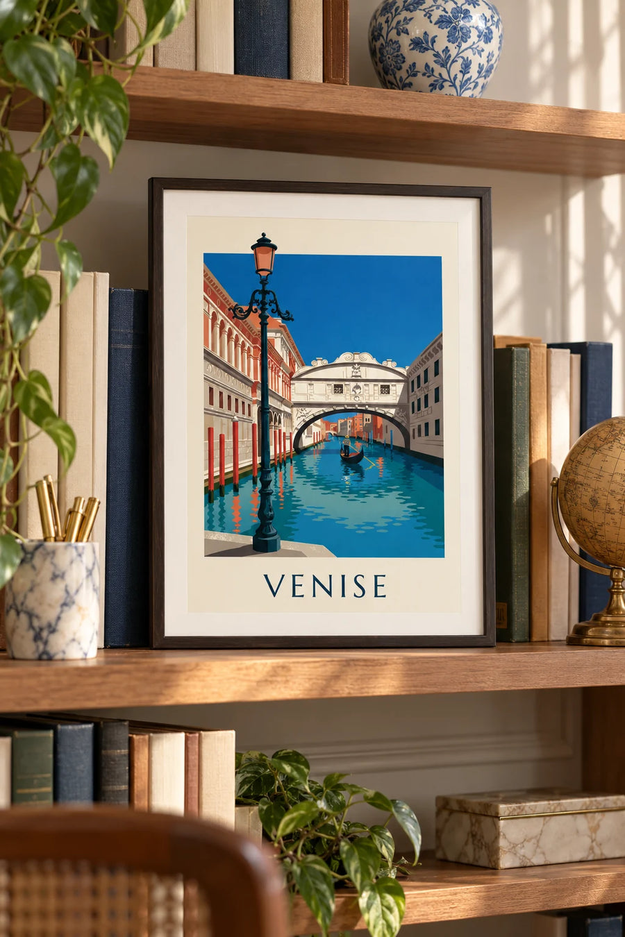Affiche gondole sous le pont des Soupirs à Venise : petit format A4 encadré