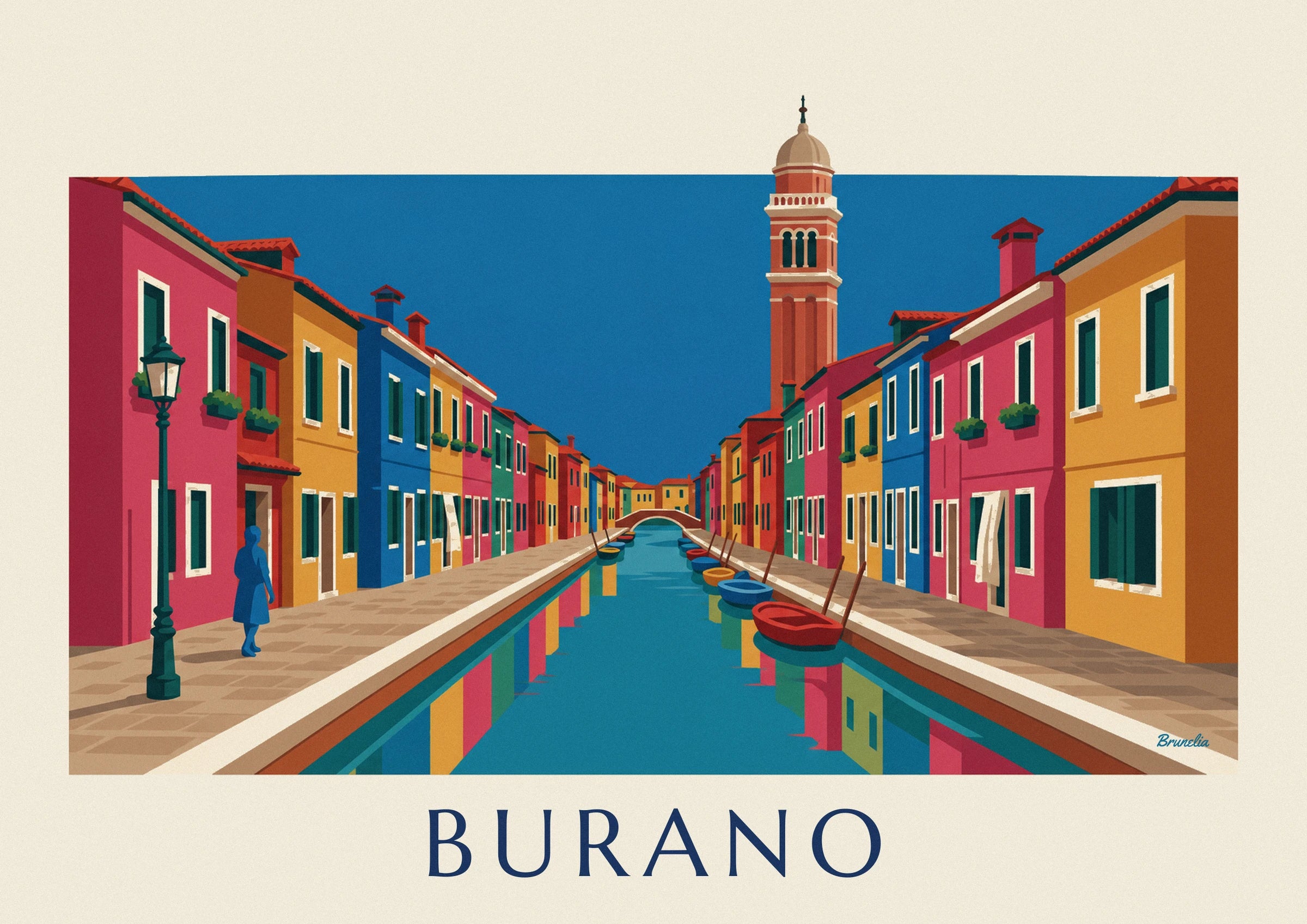 Burano canal, colorful houses and leaning bell tower poster: close-up detail