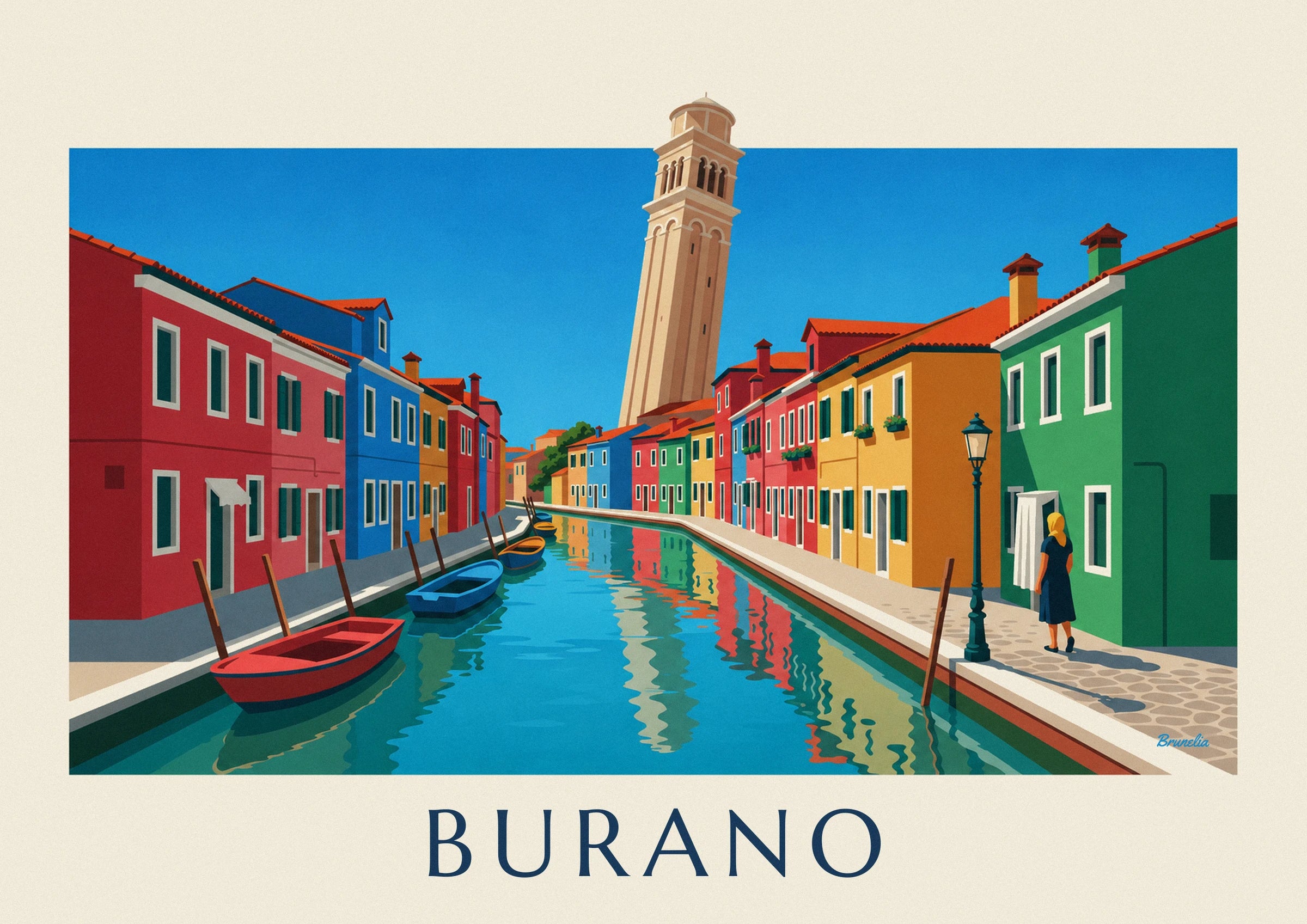 Le campanile penché de Burano au-dessus des maisons colorées, sous le ciel bleu