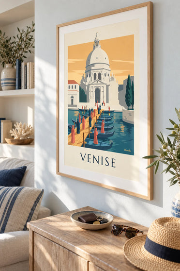 Poster of pilgrims on the bridge of boats to the Salute in Venice: framed on the wall