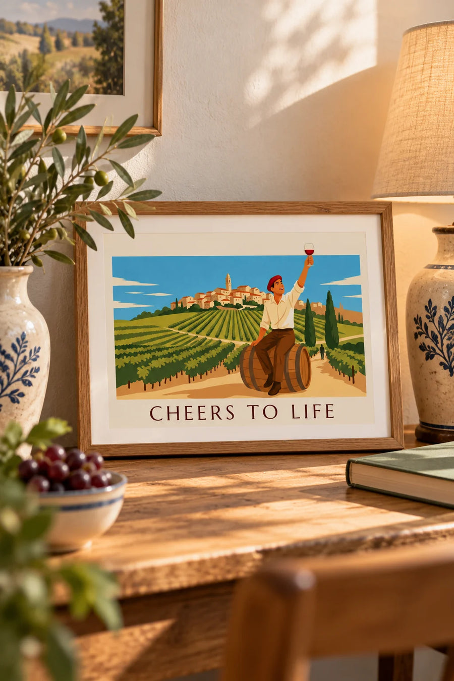 Man sitting on a wine barrel, glass raised poster: small framed A4 size