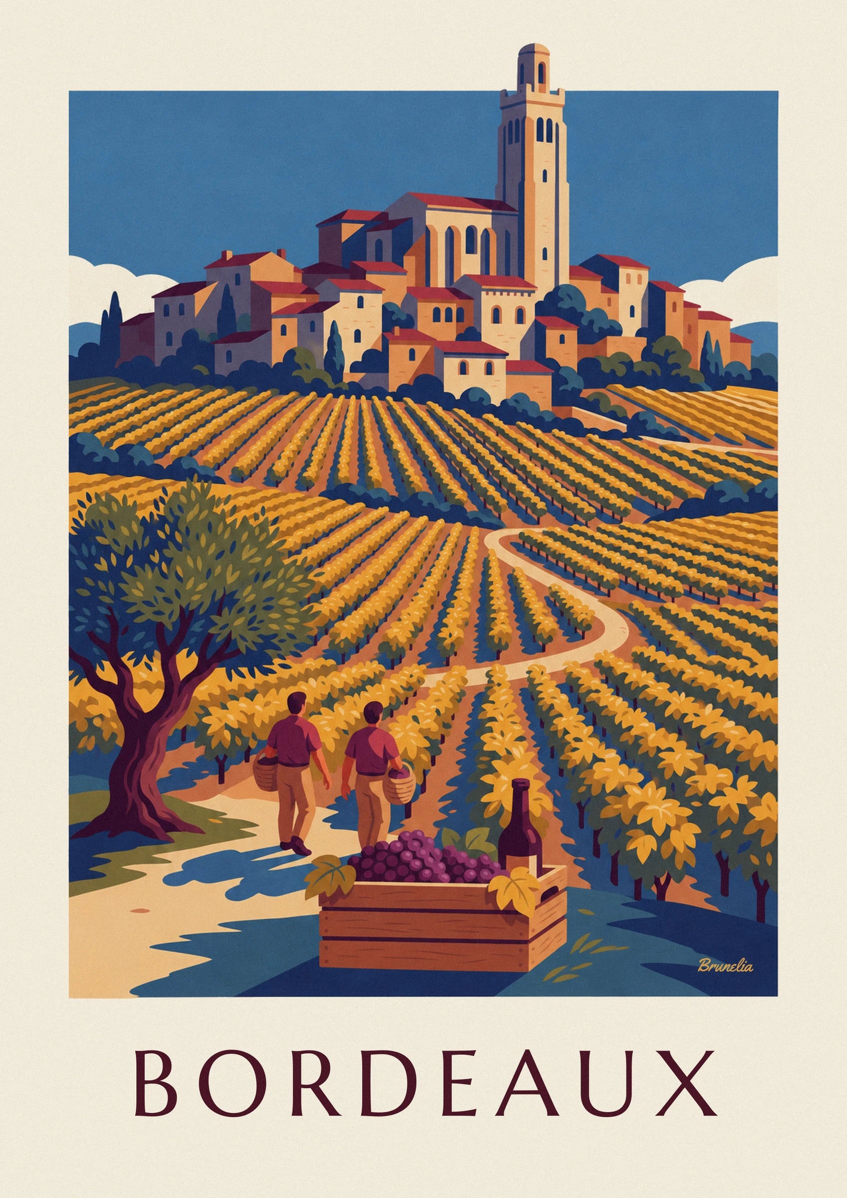 The village with its red roofs and stone bell tower, above the vines