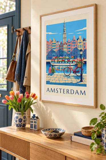 Affiche vélo et tulipes au marché aux fleurs d'Amsterdam : encadrée au mur