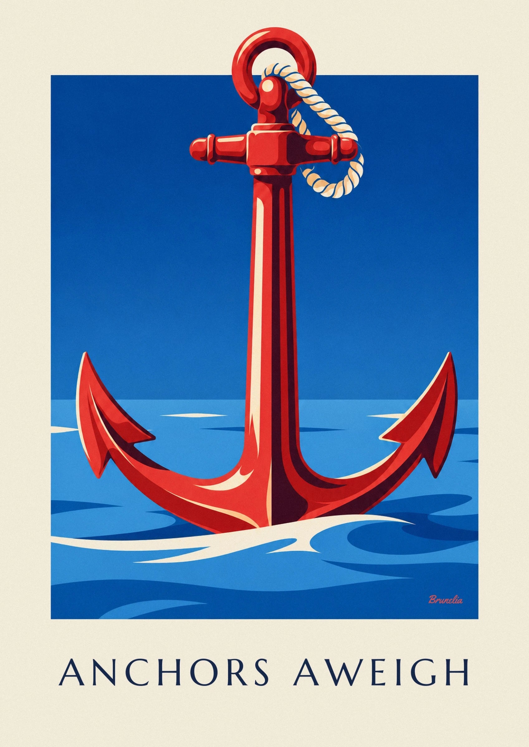 The red shank of the anchor, streaked with cream and burgundy against a blue background
