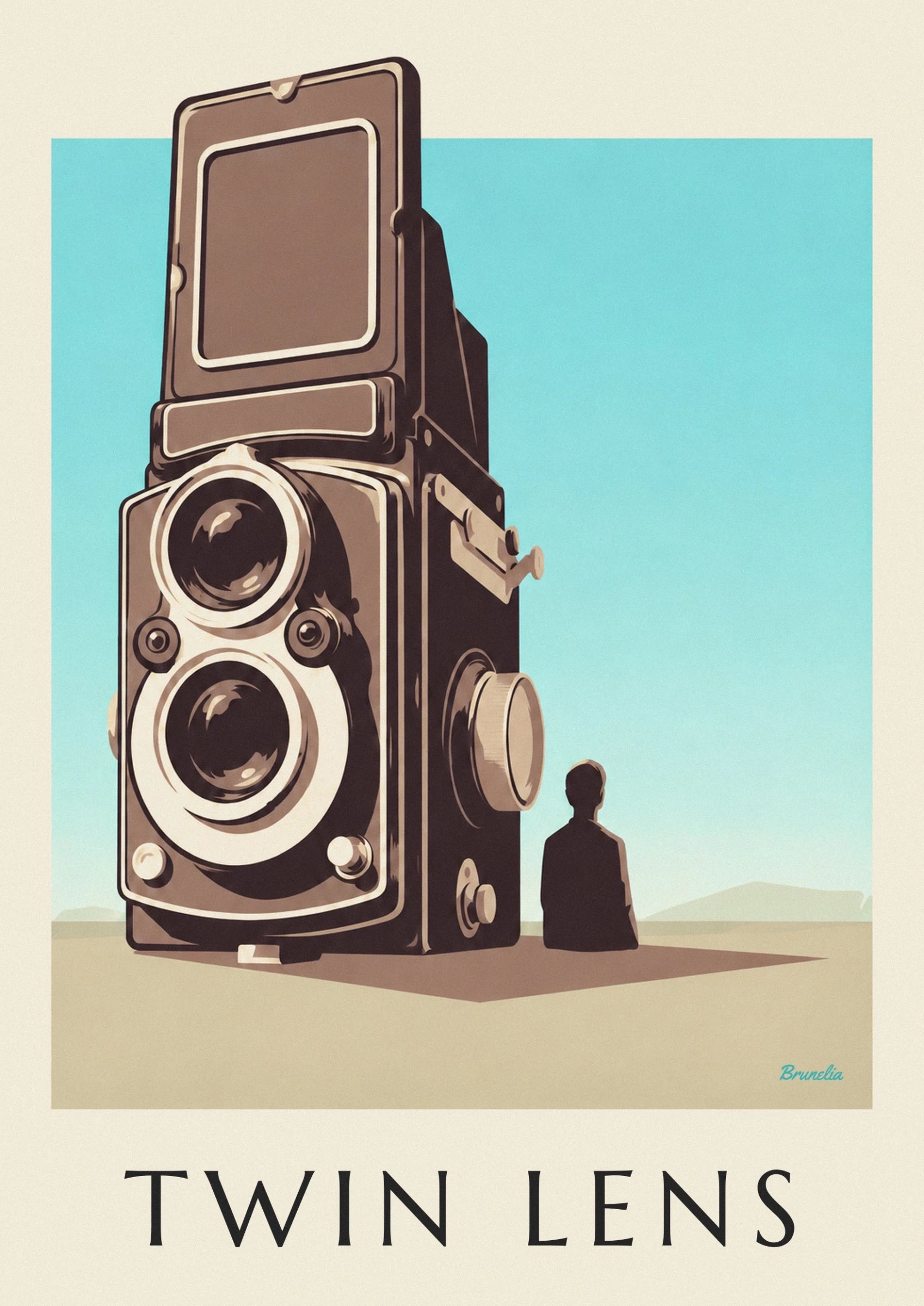 The twin-lens camera's 2 cream-rimmed lenses against a chocolate brown background