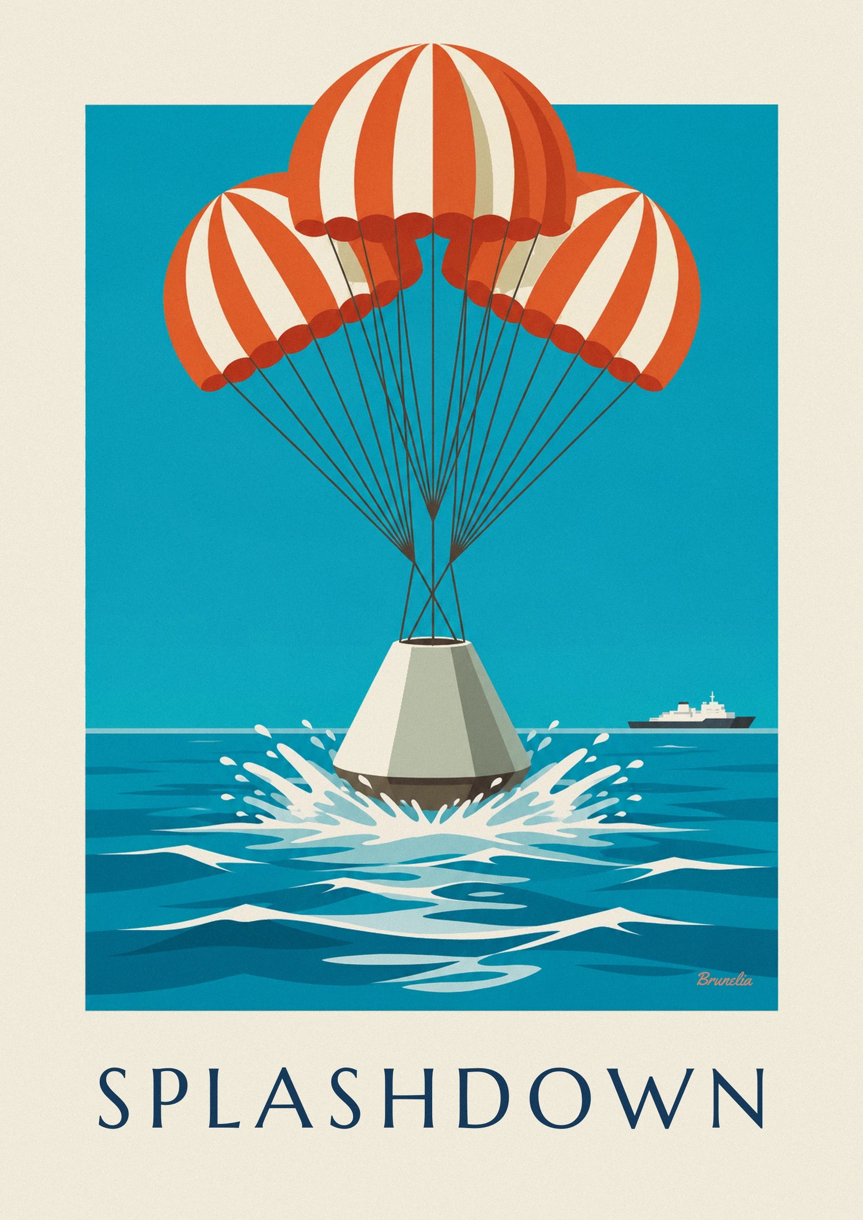 Space capsule splashing down in the ocean poster: close-up detail
