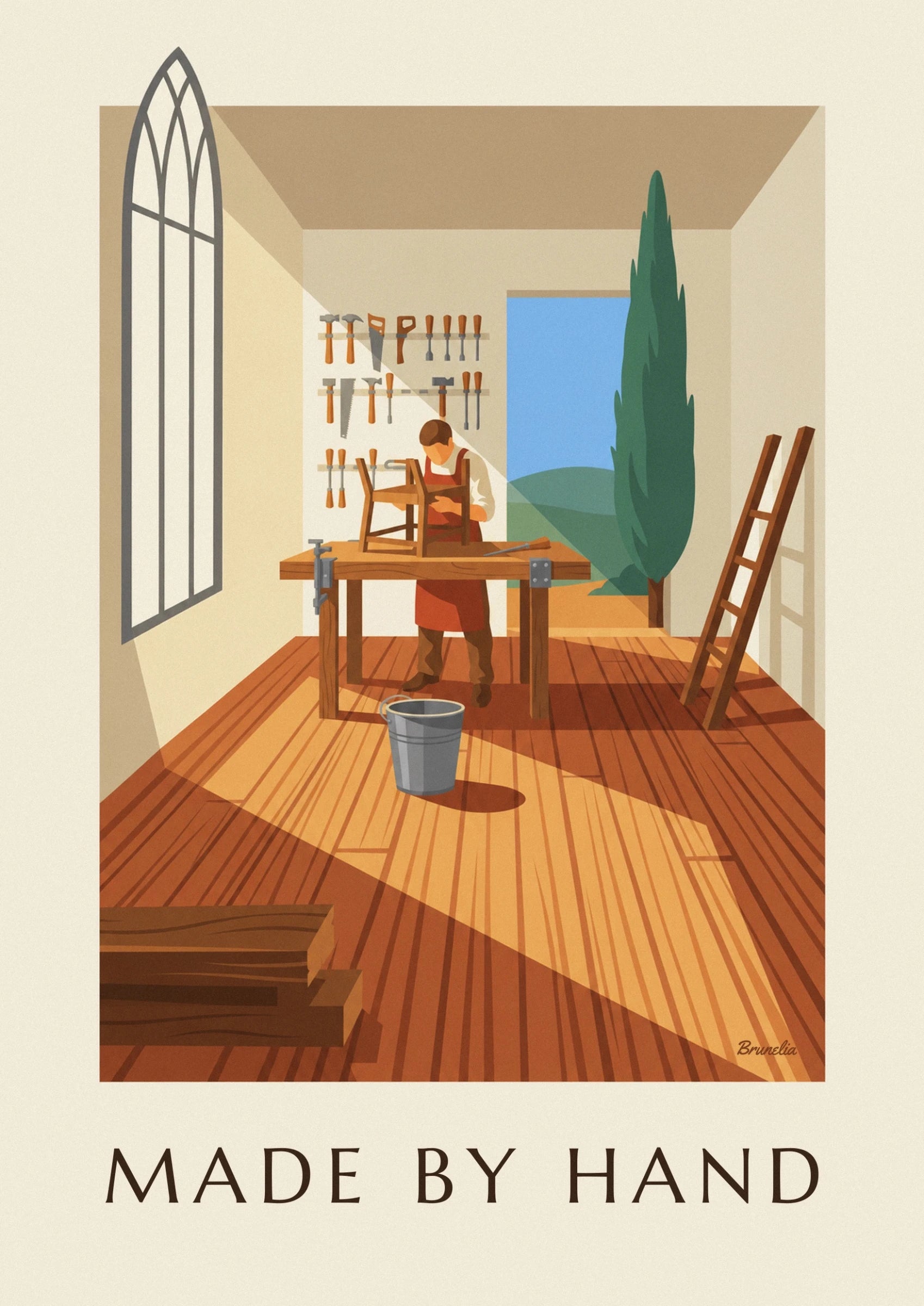 The craftsman in a red apron, his upturned chair on the workbench and the grey bucket