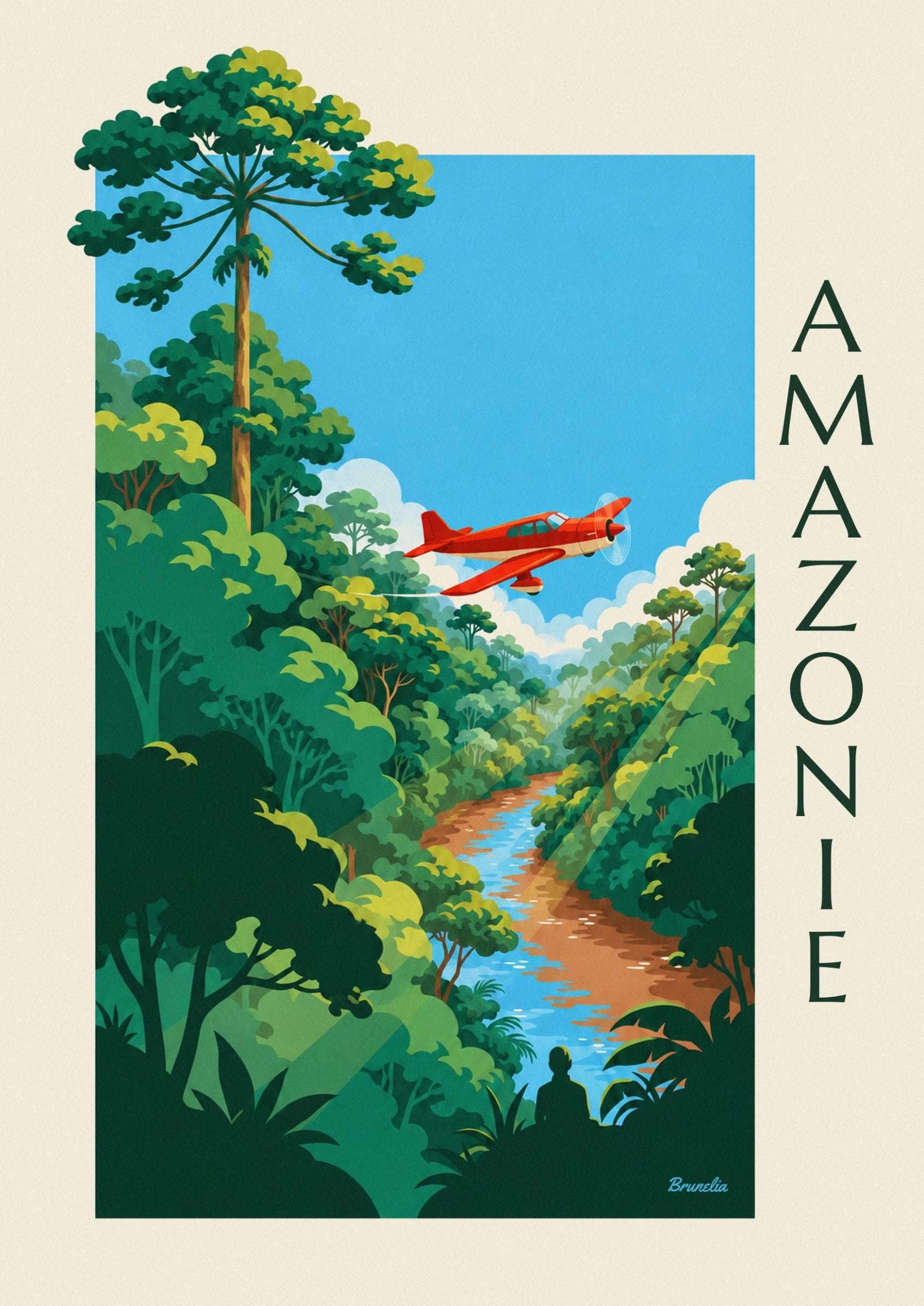 The red propeller plane in the blue sky, above the clouds and canopy