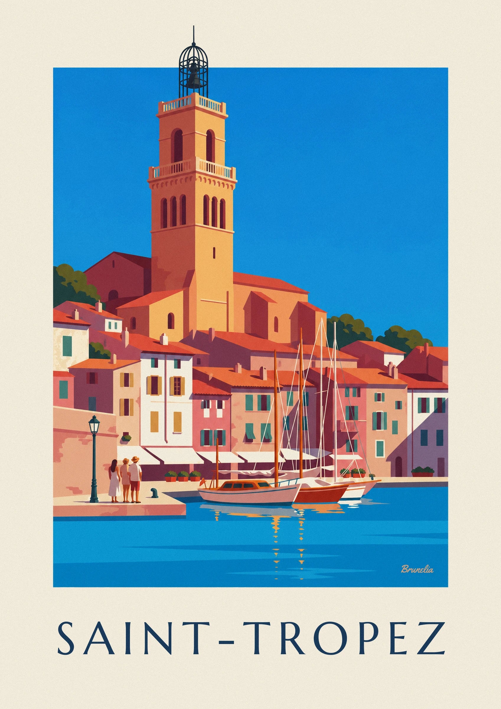 Plakát plachetnice ve starém přístavu v Saint-Tropez: detail zblízka
