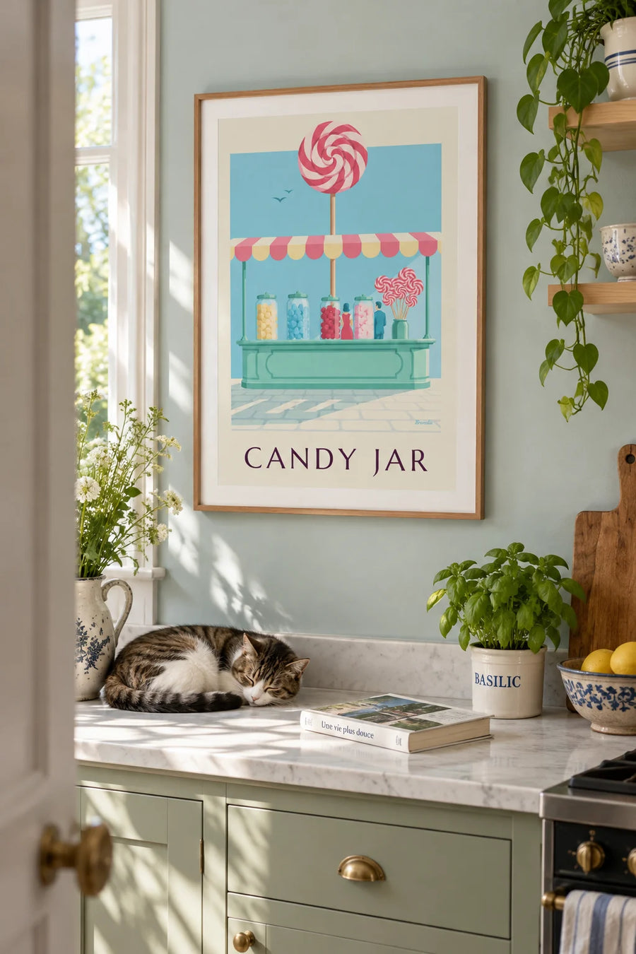 Affiche sucettes et bocaux de bonbons dans une confiserie : encadrée au mur