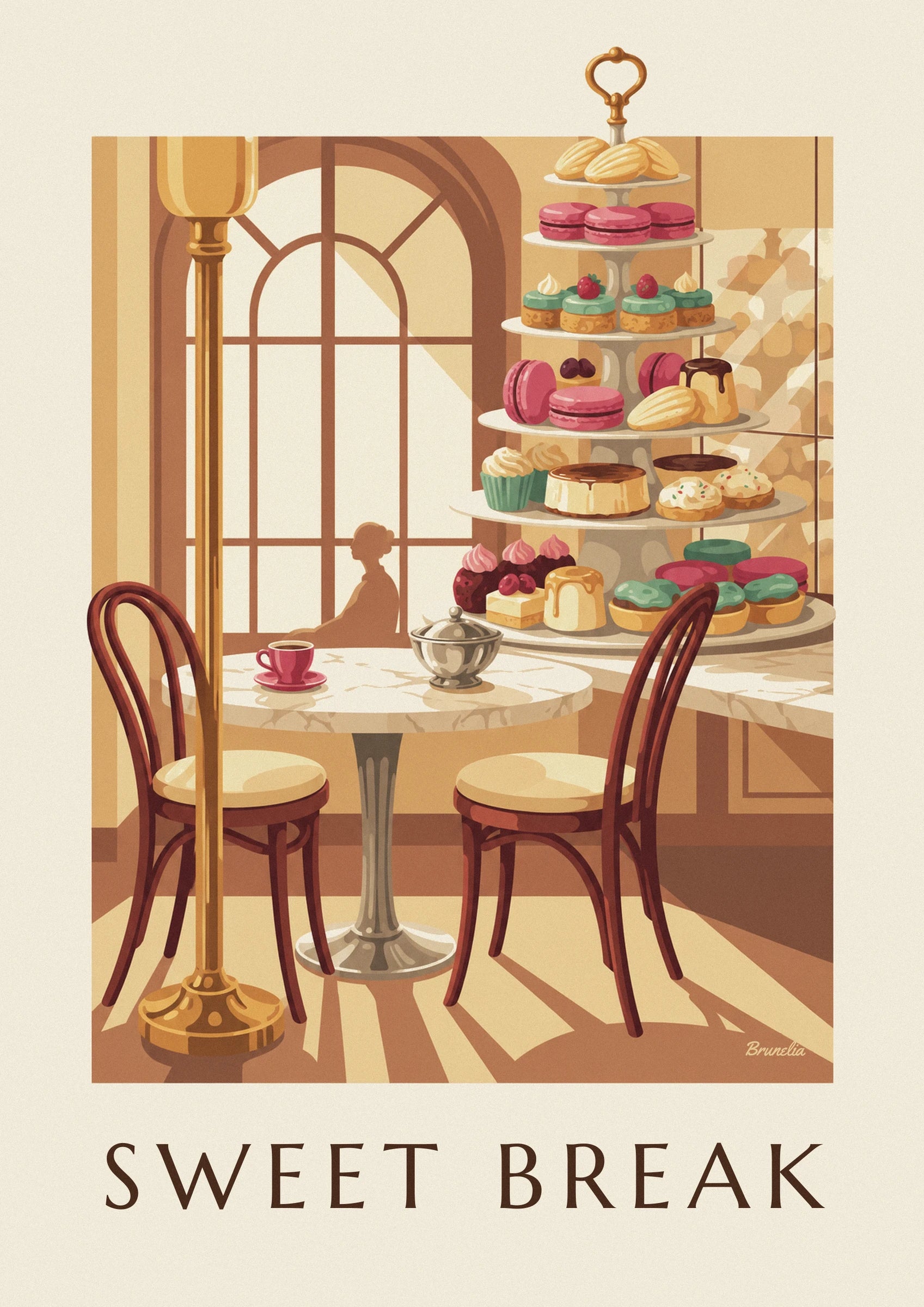 The tiered cake stand filled with pink macarons, cakes and petits fours