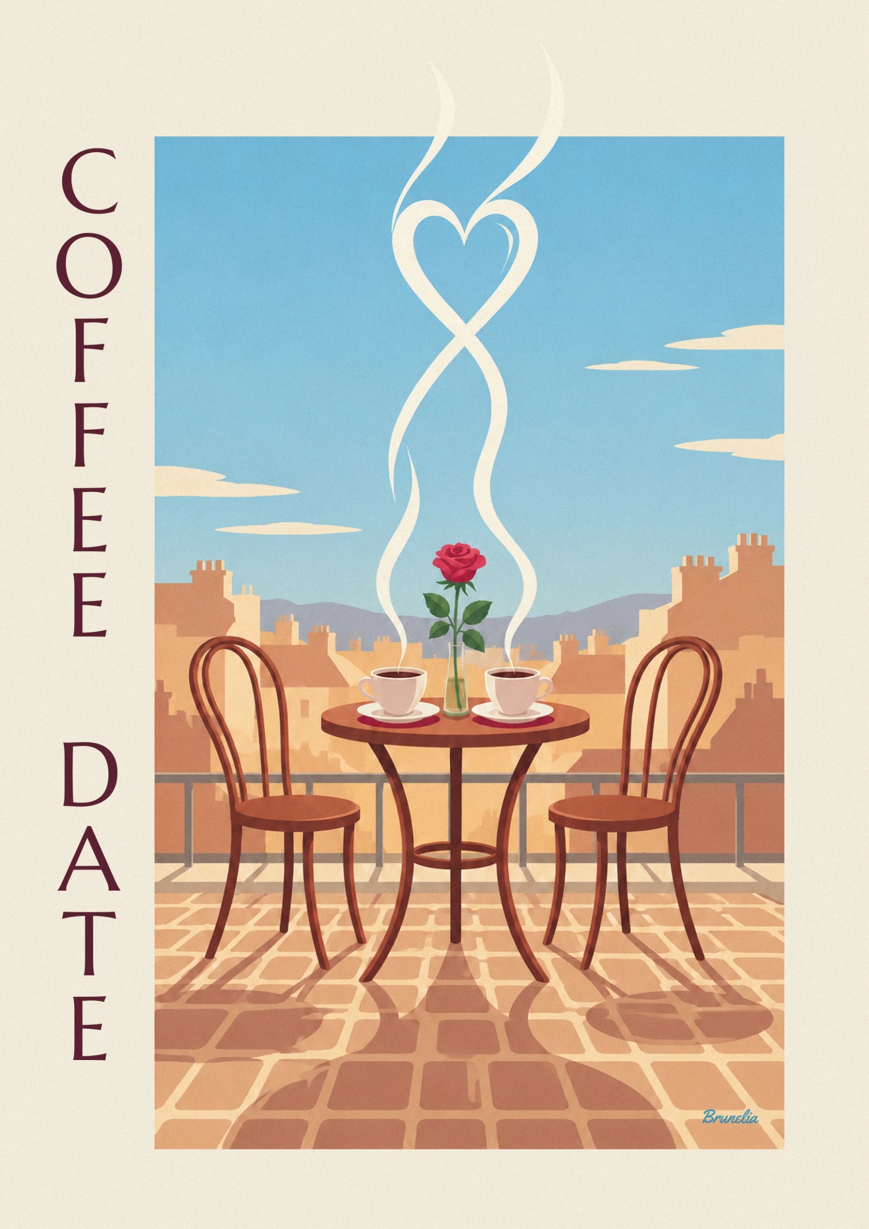 The 2 cups of steaming coffee and the red rose in a vase, on the balcony table