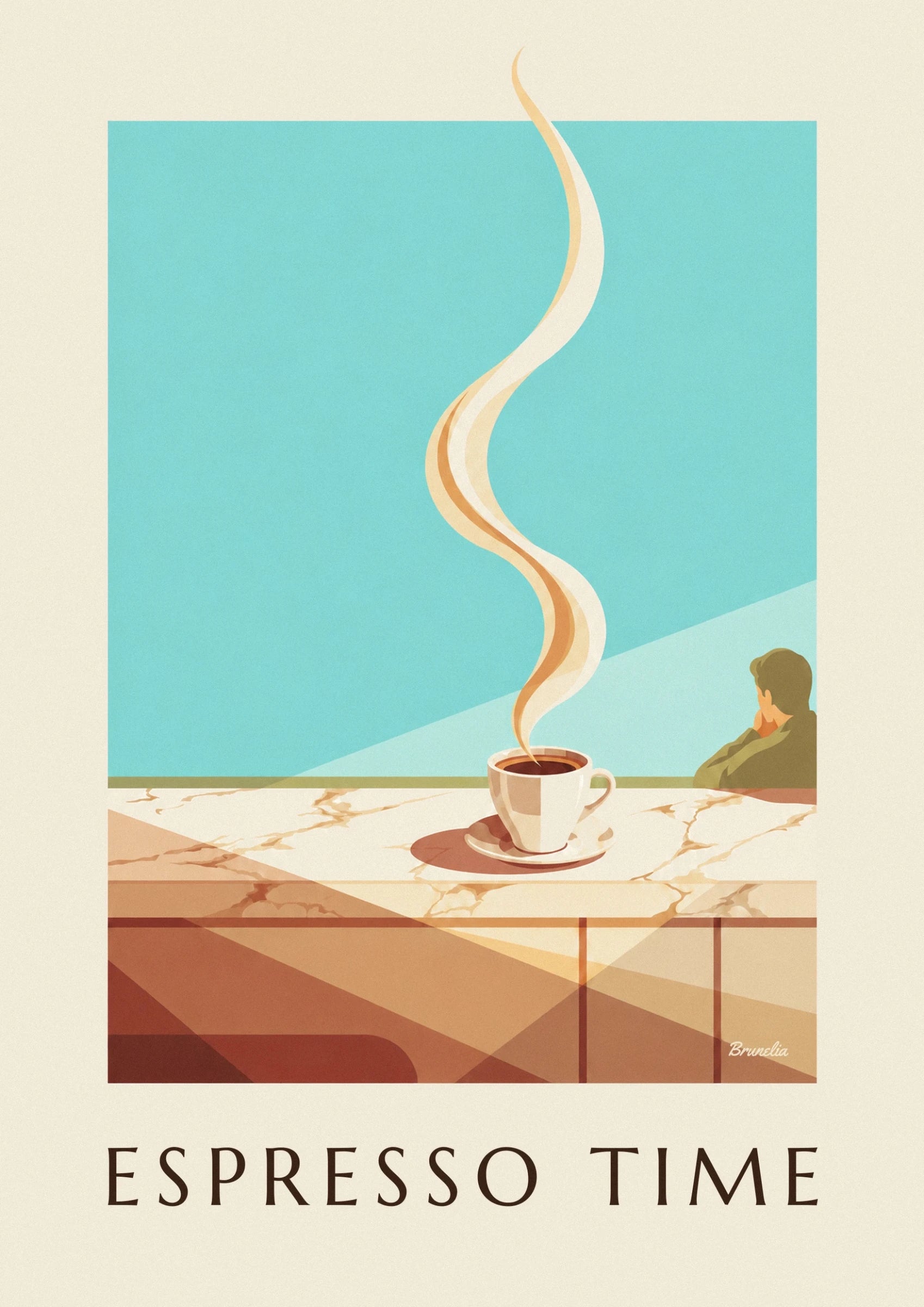 La tasse d'espresso fumante sur sa soucoupe, posée sur le marbre veiné