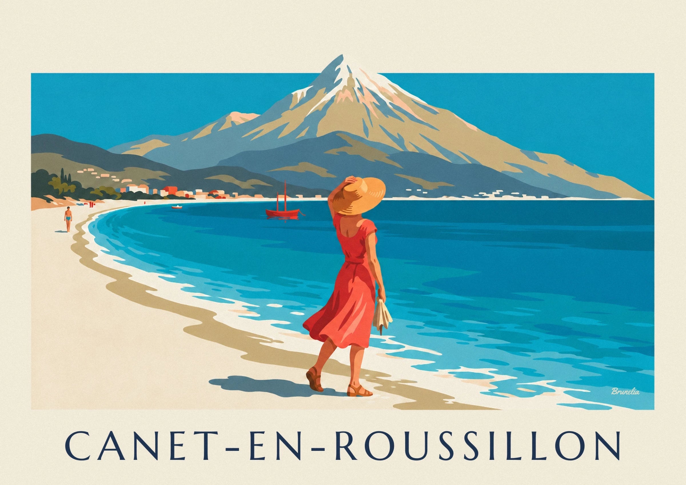 A woman in a red dress and straw hat on the beach, facing the red sailing boat