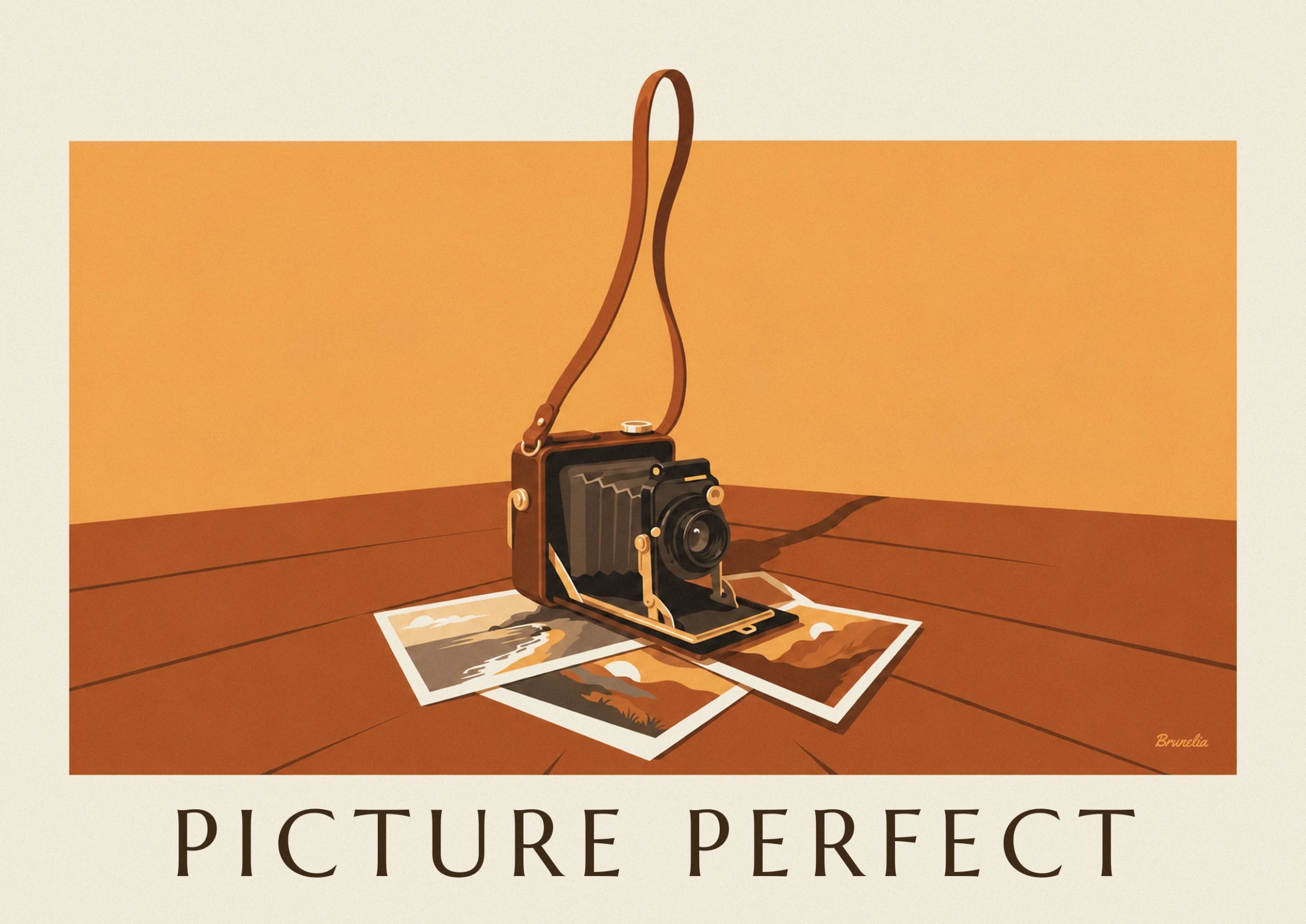 The bellows camera, its brown leather strap and its photos laid out on the table