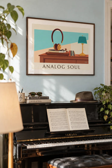 Poster of headphones on a turntable and records: framed on the wall