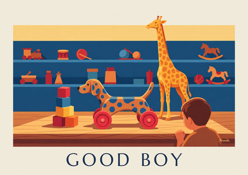 Affiche chien à roulettes en bois dans un magasin de jouets : l'affiche entière