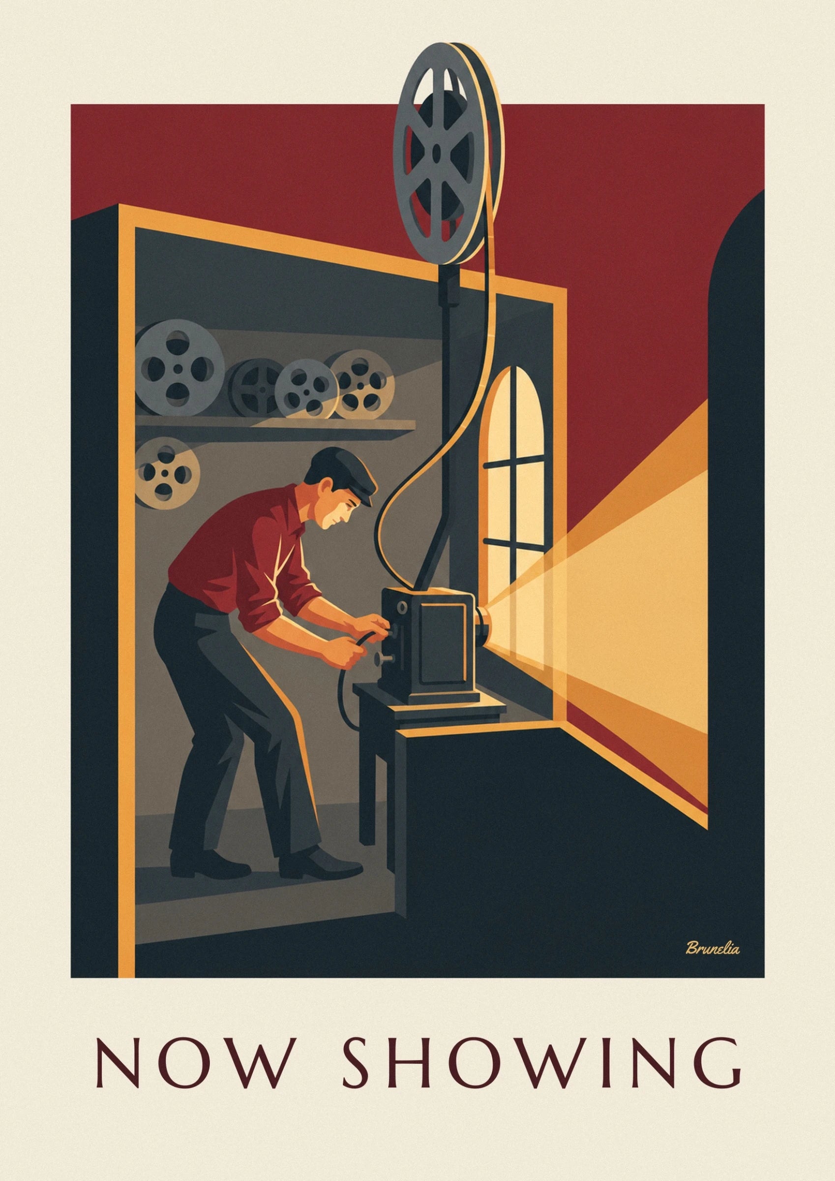 The projectionist in a red shirt leaning over his film projector