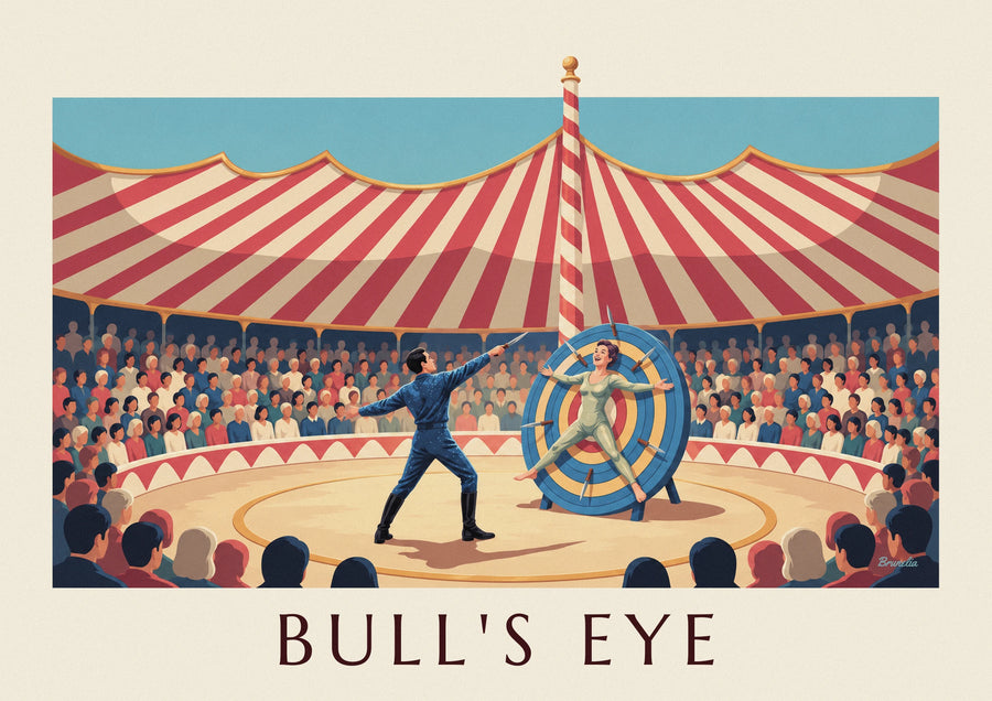 Knife thrower and target wheel under the big top poster