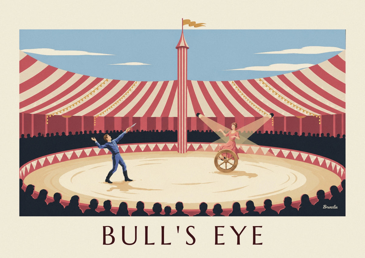 Knife thrower and target wheel under the big top poster