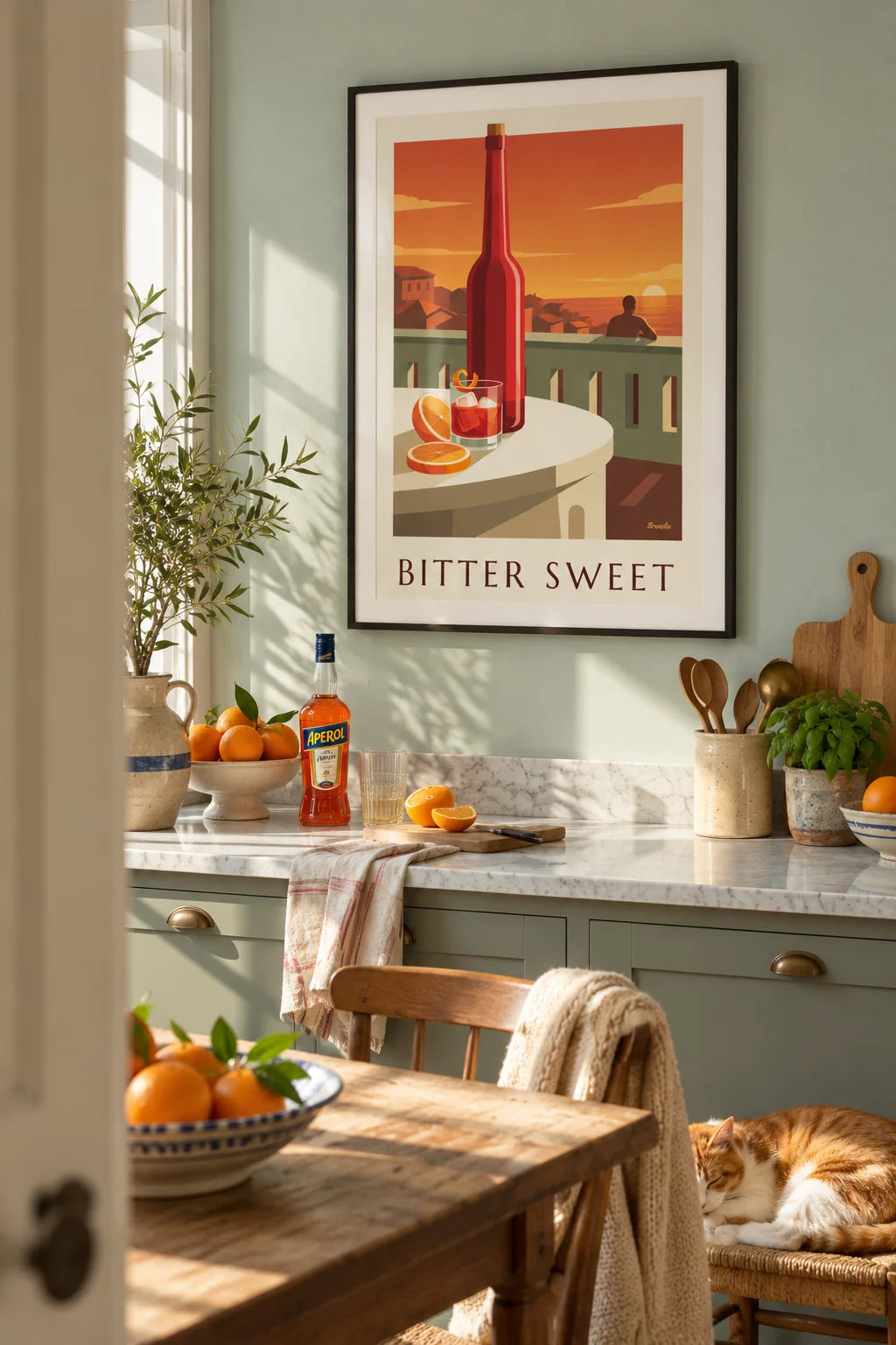 Negroni cocktail and orange peel on a terrace poster on the wall