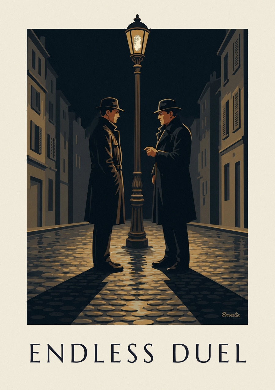 Film noir duel under a streetlamp on a rainy night poster