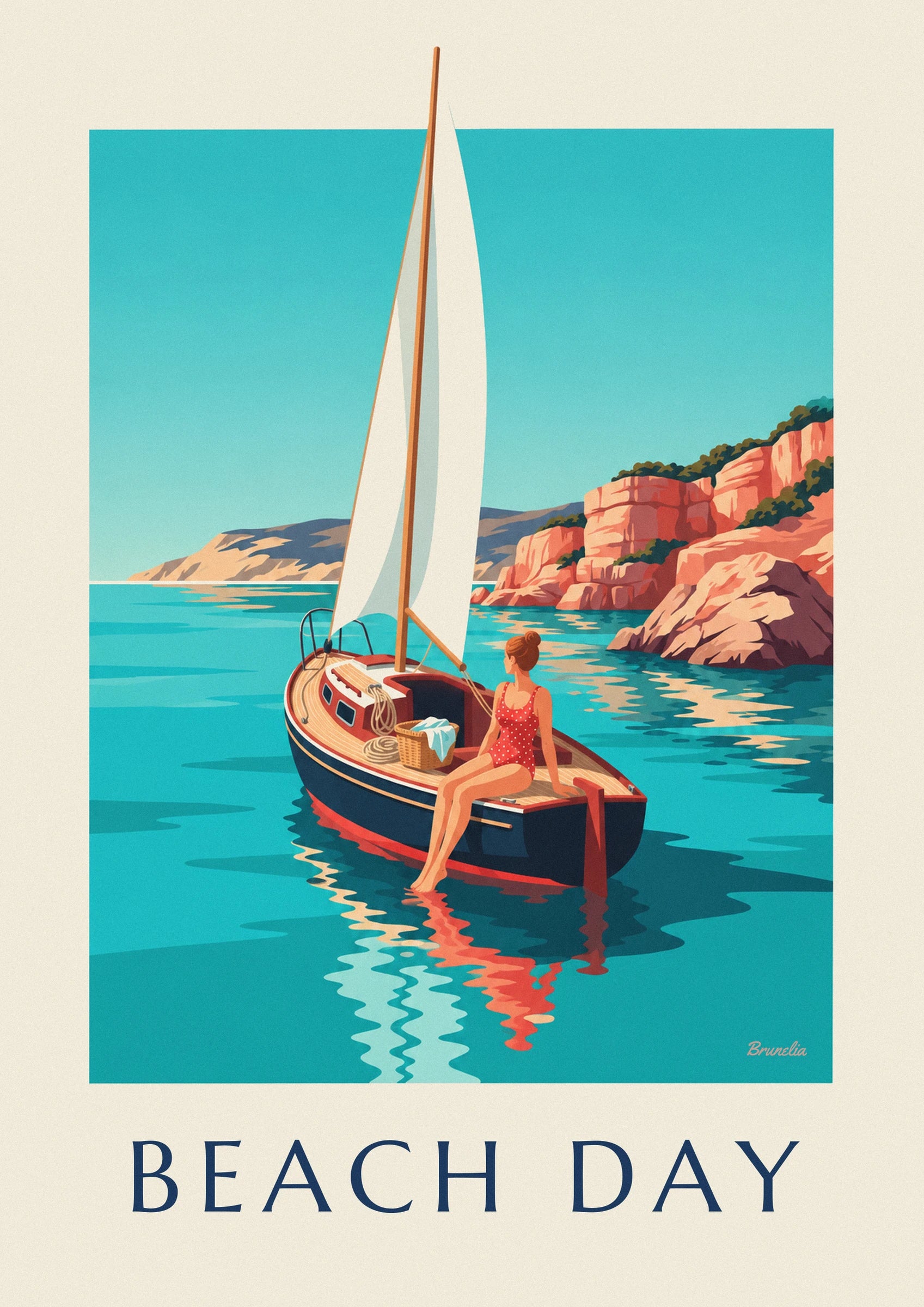 A woman in a red swimsuit with white polka dots, sitting on the sailing boat near a basket