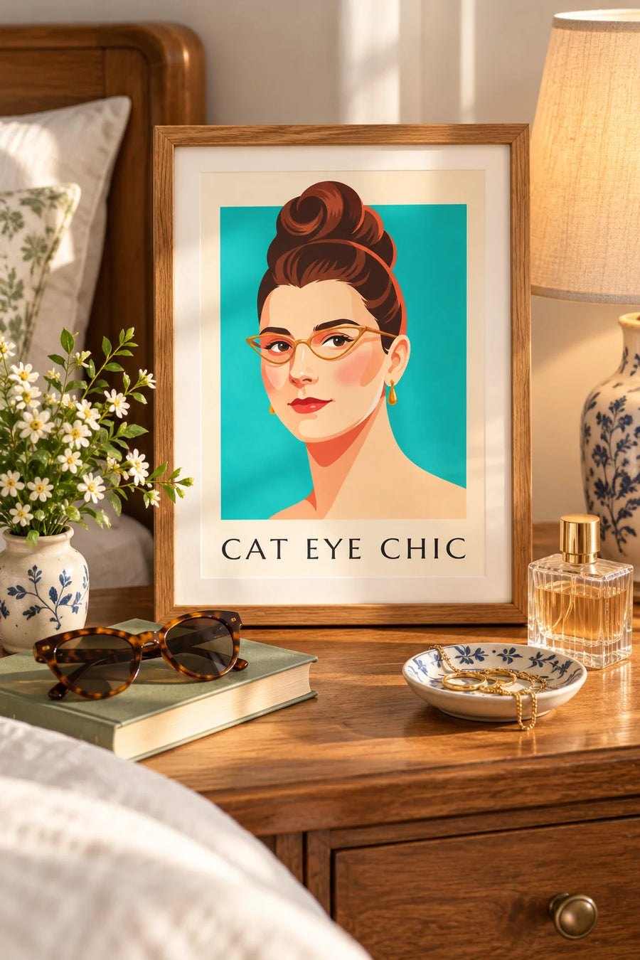 Plakát portrét ženy s brýlemi cat-eye a rudými rty: malý formát A4 v rámu