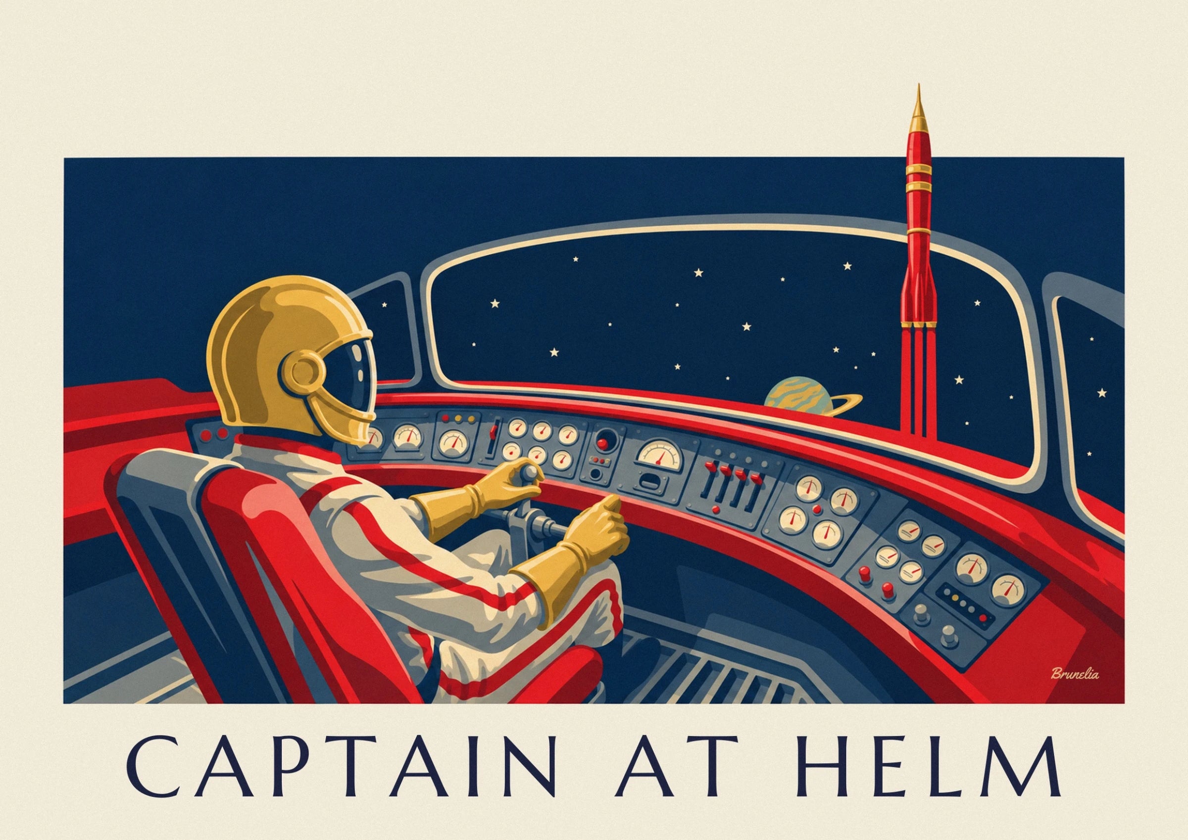 The pilot in profile wearing a golden helmet with a visor in the cockpit