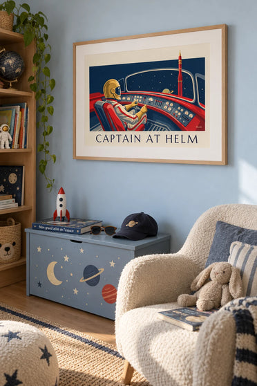 Poster of a helmeted pilot at the controls of a space rocket: framed on the wall