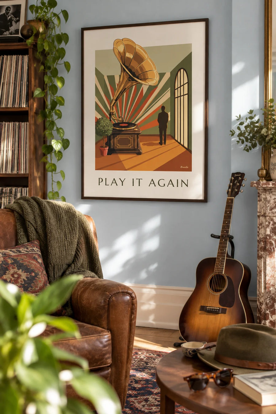 Gramophone and geometric patterns poster: framed on the wall