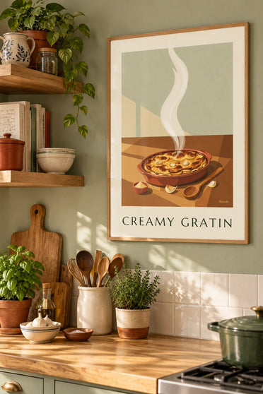 Affiche gratin dauphinois doré dans son plat en terre cuite : encadrée au mur