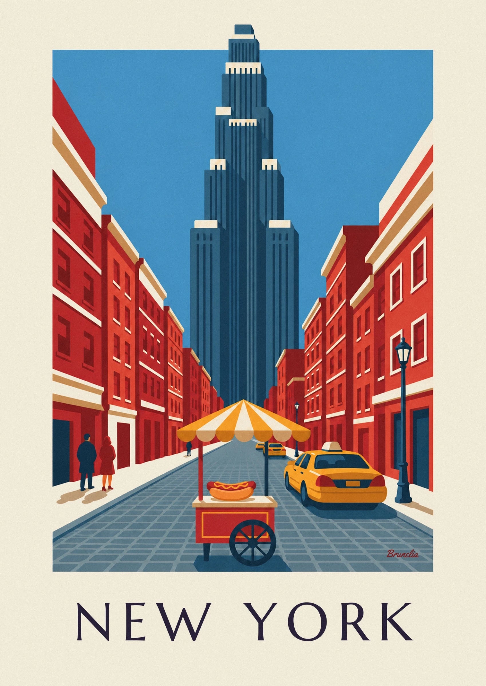 The red hot dog cart beneath its yellow and cream parasol with New York taxis